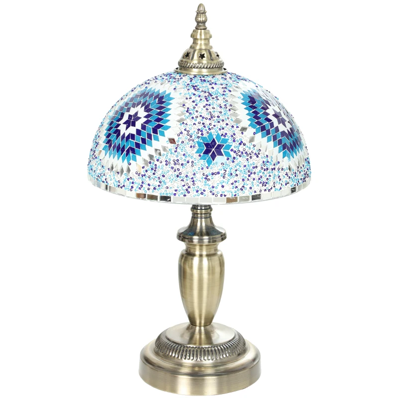 HOMCOM Tiffany Lamp, Stained Glass Bedside Table Lamp with Button Switch and Metal Base, 12 x 12 x 20 Inches, Blue