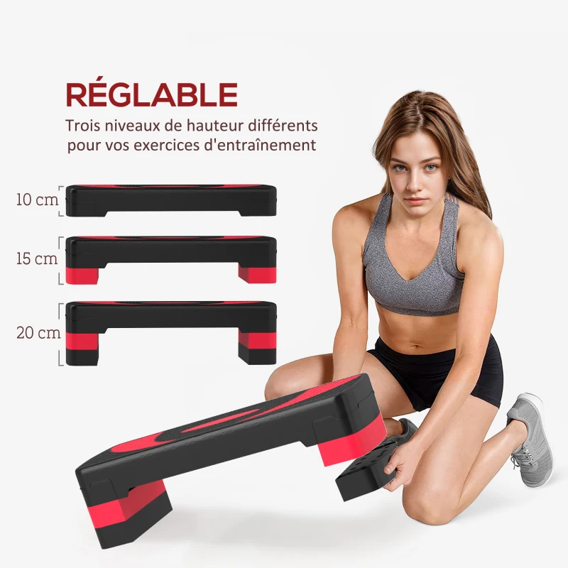 HOMCOM Stepper fitness aérobic hauteur réglable surface antidérapante 80 x 31 x 20 cm noir rouge