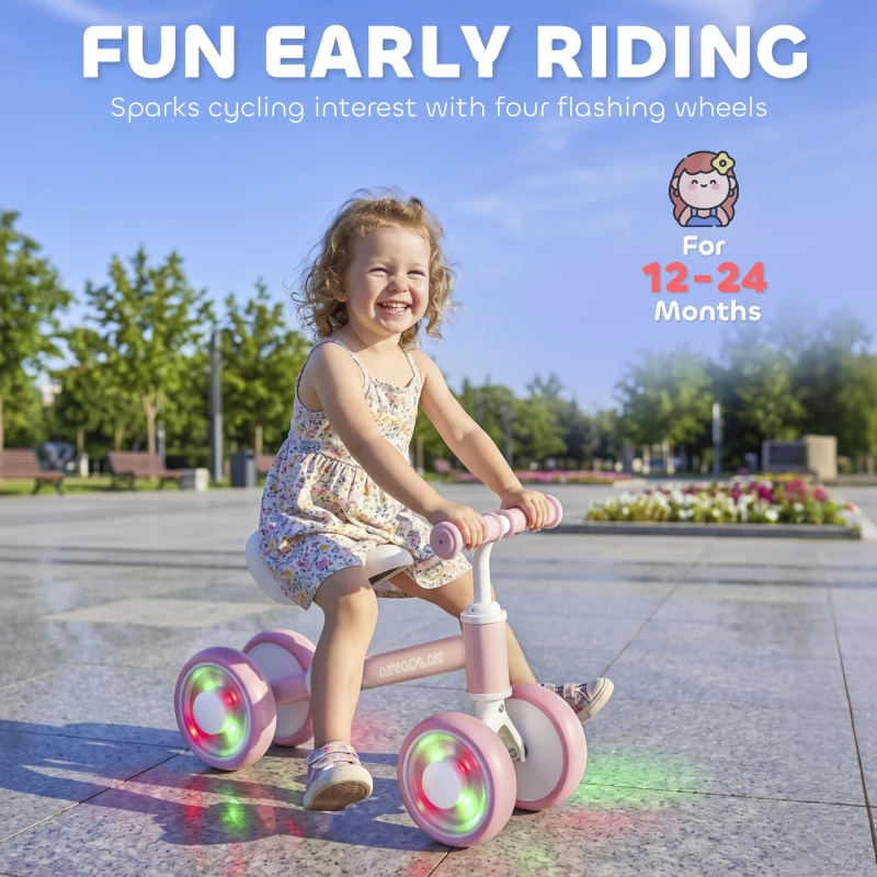 AIYAPLAY Baby Balance Bike for 1-2 Years Old, Light-up Toddler Balance Bike with Adjustable Seat, 4 Silent EVA Wheels, Pink