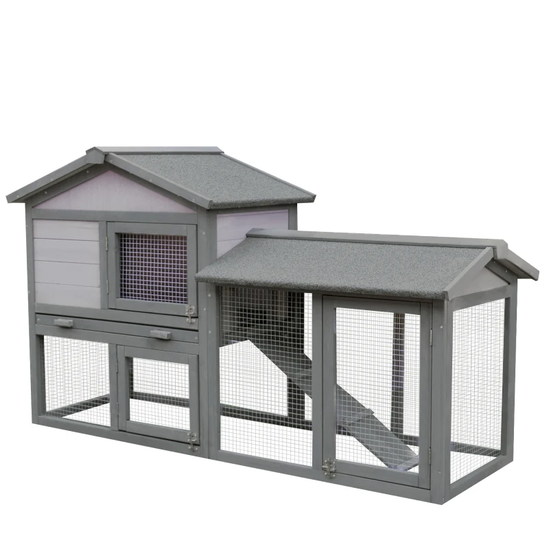 PawHut Conigliera Gabbia per Conigli in Legno da Esterno con Casetta, Spazio Aperto Recintato e Tetto 147x54x84cm