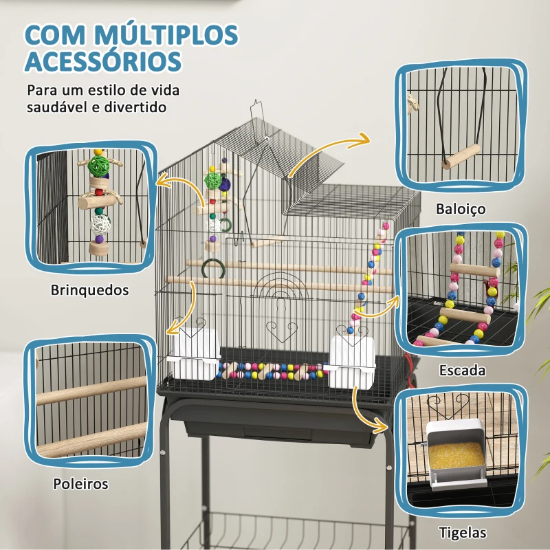 PawHut Gaiola para Passáros Gaiola de Metal com Portas 4 Comedouros 3 Poleiros Baloiço Escadas e Bandeja Removível 46x36x120 cm Preto