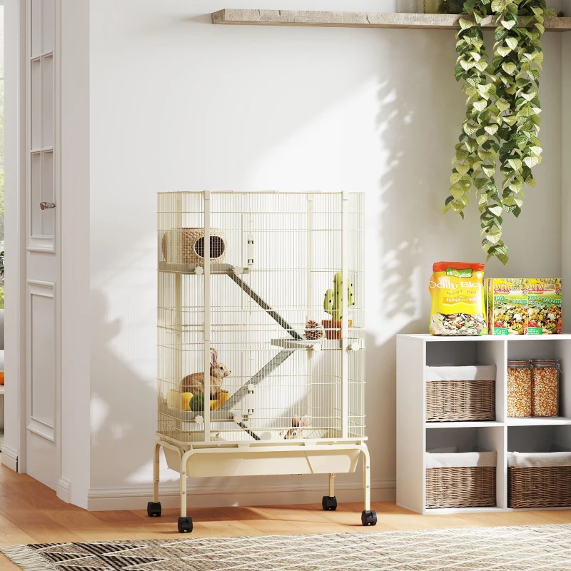 PawHut Kleintierkäfig, Haustierkäfig mit 4 Ebenen, Futterschale, Wasserflasche, 88 x 48 x 150,5 cm, Beige(m-10)