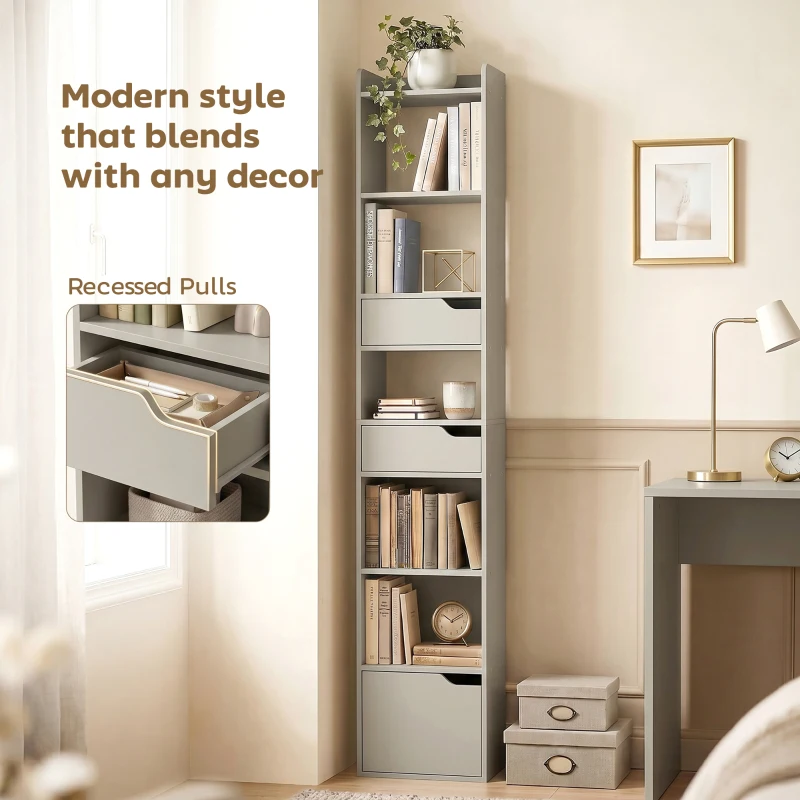 HOMCOM Bookcase Tall Narrow with 5 Tiers and Drawers Freestanding Bookshelf Storage Cabinet for Living Room Grey
