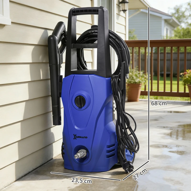 DURHAND Hidrolimpiadora 1600W Caudal 432 L/h Bomba de Aluminio Presión de 130 Bar Manguera 6m Incluye Cepillo 23.5x27x68 cm Azul