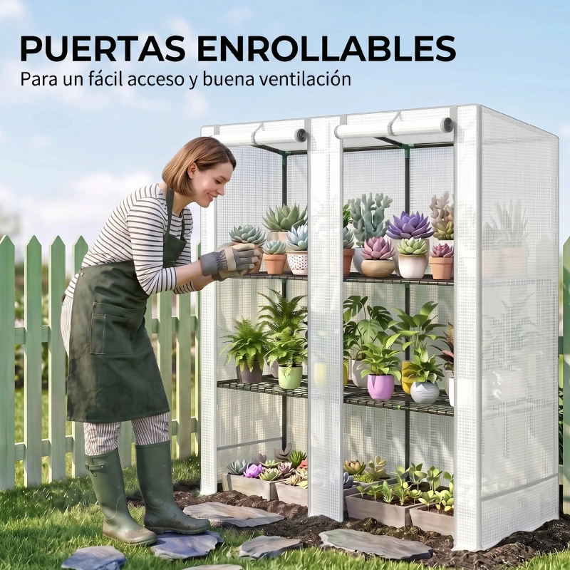 Outsunny Invernadero de Exterior con Techo Inclinado 3 Estantes 2 Puertas Enrollables y Marco de Acero 144x48x152 cm Blanco