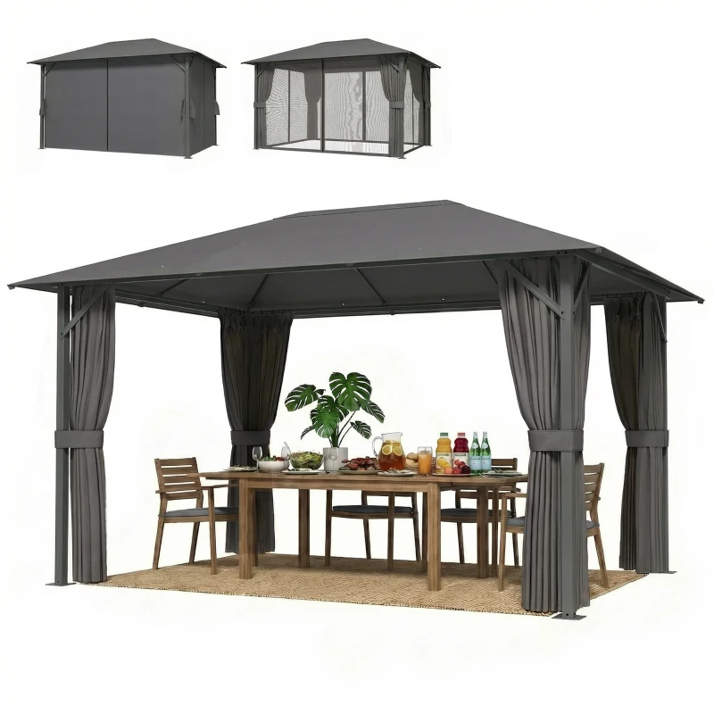 Outsunny Pavillon ca. 4x3m Wasserabweisend Stabil Winterfest Gartenpavillon mit Moskitonetz 4 Seitenteile Lüftung Drainagelöchern