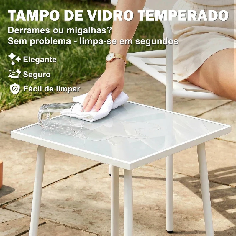 Outsunny Conjunto de Jardim com 3 Peças em Aço Galvanizado com 2 Cadeiras e Mesa de Vidro Temperado Branco