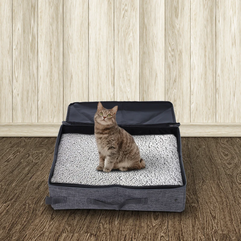 PawHut Cat Litter Box Collapsible Portable Foldable Travel Light Weight Toilet Tray For Small Kitty - Grey