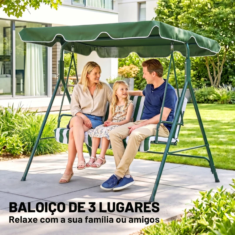 Outsunny Baloiço de Jardim de 3 Lugares com Almofada Toldo Ajustável e Estrutura de Metal 172x110x153cm Verde e Branco