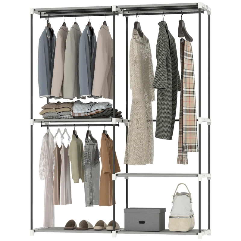 HOMCOM Armário de Roupa Aberto 142x43x185 cm Armário para Roupas com 4 Prateleiras de Tecido 3 Barras para Pendurar Cinzento