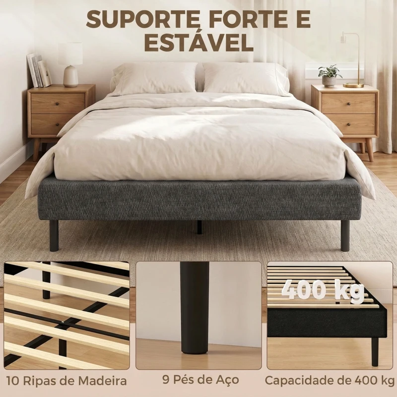 HOMCOM Cama Estofada 144x195 cm com Revestimento em Chenille, Estrado de Ripas em Madeira, Pés em Aço, Montagem Fácil, 400 kg, Cinzento
