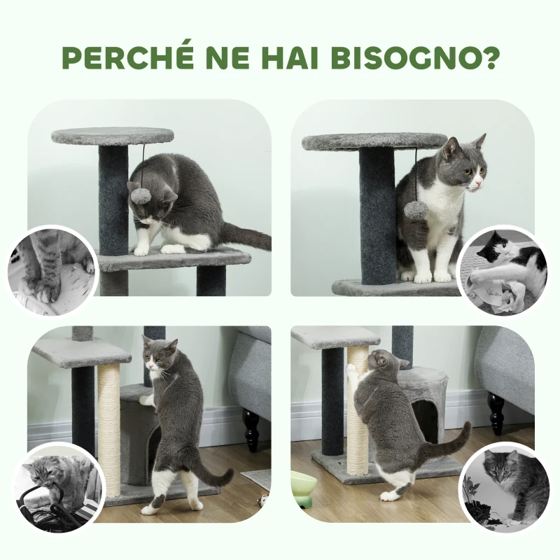 PawHut Albero per Gatti Multilivello Alto 103 cm con Pali Tiragraffi in Sisal, Casetta e Pallina in Peluche, Grigio