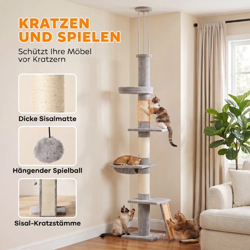 PawHut Plafondhoge krabpaal 230–260 cm, verstelbaar, met 5 niveaus, 3 dikke sisalpalen en sisal krabmat