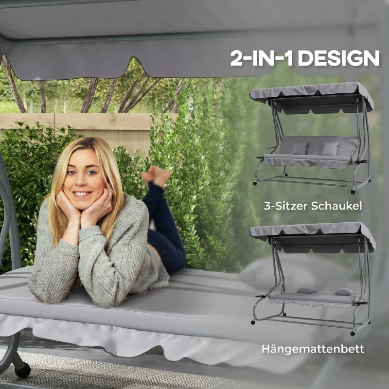 Outsunny 2-in-1 Hollywoodschommel met Ligfunctie, Verstelbaar Dak, tot 340 kg, Staal, 200x120x164 cm, Grijs