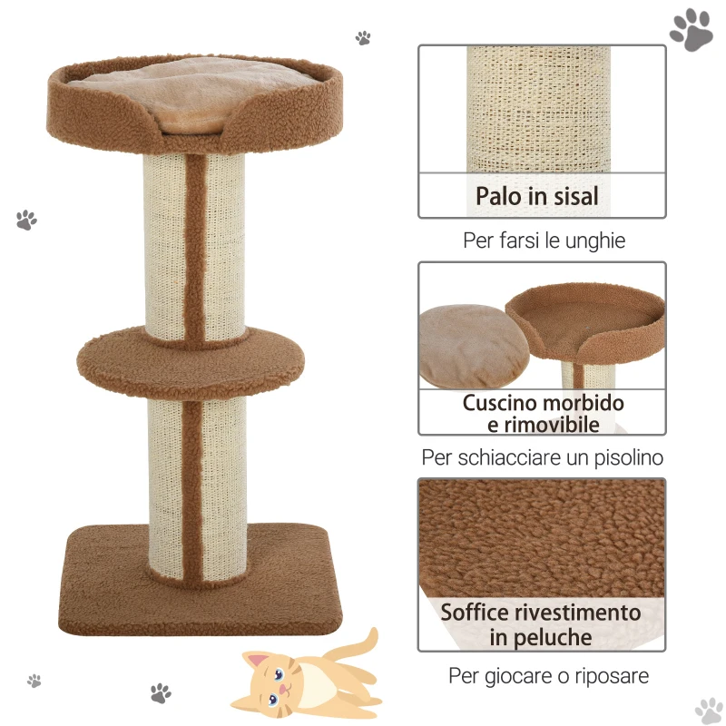 PawHut Tiragraffi ad Albero per Gatti con Cuccia, Cuscino, Rivestimento Peluche e Pali in Corda Sisal