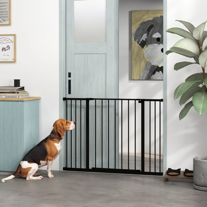 PawHut Barrière de Sécurité Chien Réglable 76-107 cm, avec 2 Rallonges (10/15 cm), Ouverture d'une Main, sans Perçage, Noir