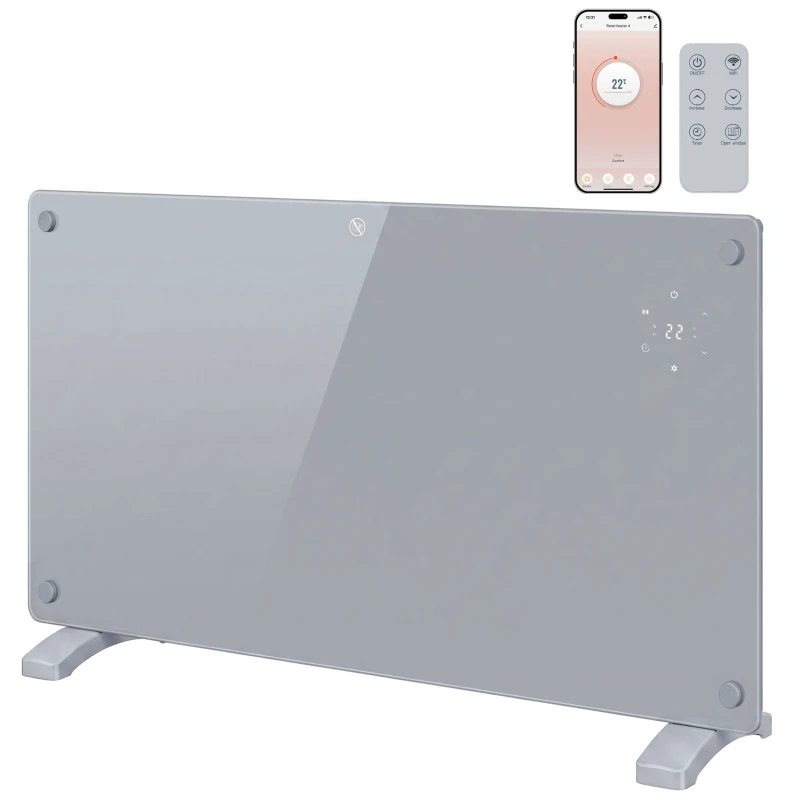 HOMCOM 1500W Smart Panel Heater Wall Mounted & Freestanding, Electric Heater with Weekly Timer, Open Window & Anti-Frost, Grey