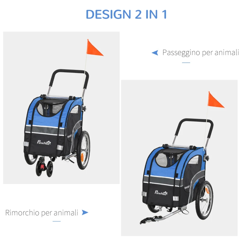 PawHut Carrello 2 in 1 Passeggino per Cani e Rimorchio Bici, Ruota Girevole Catarifrangenti e Bandierina 130x58x94cm Blu