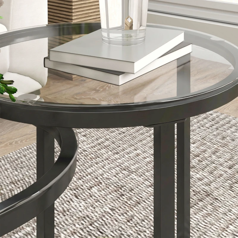 HOMCOM Nest of Tables with Steel Frame and Tempered Glass Tabletop, Modern Coffee Table Set of 2, Black