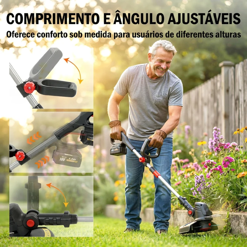 Outsunny Aparador Sem Fios 18V com 2 Baterias de 4.0Ah e Carregador Barra Ajustável Cabeça e Pega Reguláveis Prateado