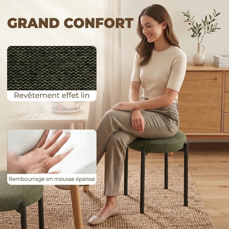 HOMCOM Lot de 4 Tabourets Empilables Ronds avec Assise Rembourrée, sans Dossier, Gain de Place, 45 x 45 x 47,5 cm, Vert Foncé