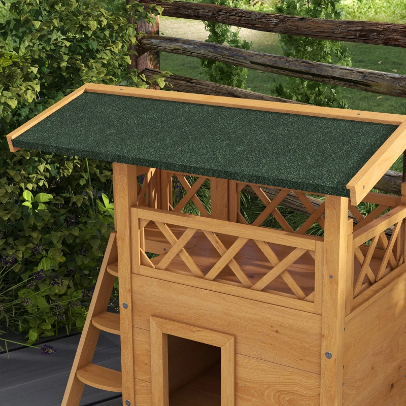 PawHut Kattenhuis Kattenhut Huisdierhut, met dak van asfalt, 2 verdiepingen, 1 ladder, natuurlijk + groen(m-7)