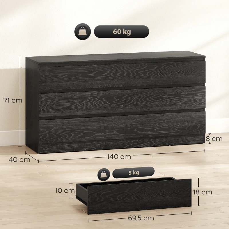 HOMCOM Cómoda com 6 Gavetas Estilo Moderno 140x40x71 cm Preto com Efeito Madeira