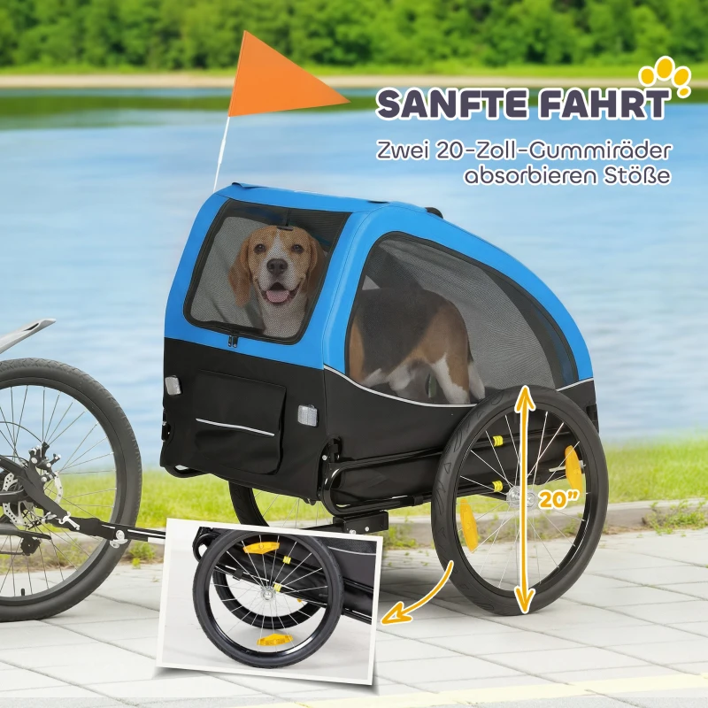 PawHut Opvouwbare hondenfietskar met reflectoren, mesh-ramen, wielen, deur, veiligheidsvlag voor honden tot 20 kg 138x70x89 cm Blauw