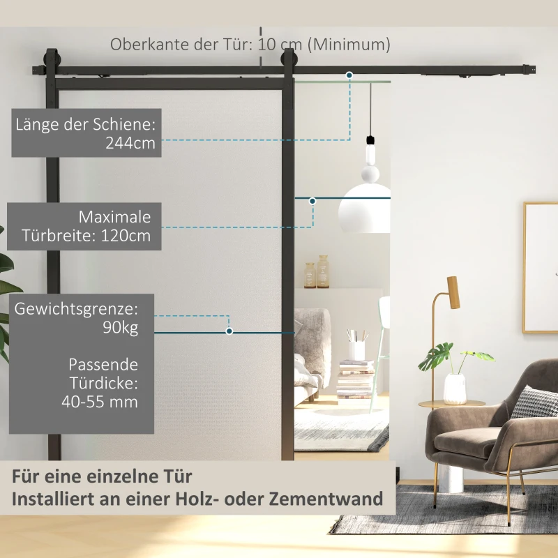 HOMCOM Schuifdeurset, stil & soepel, voor hout- & cementmuren, 244cm, Staal, Zwart