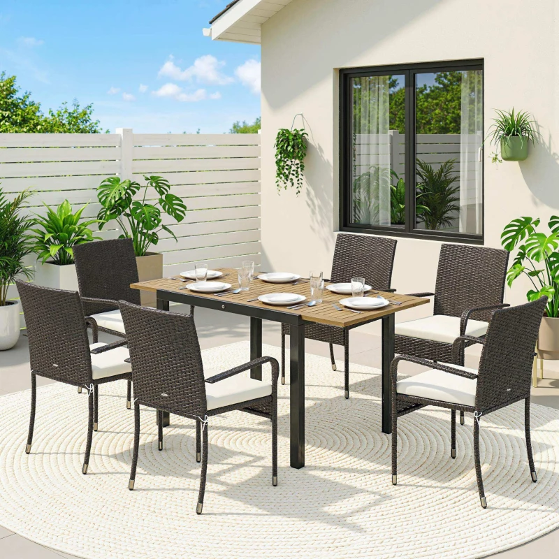Outsunny 7 Piece Rattan Garden Furniture Set, 6 Seater Garden Table and 6 Stackable Chairs with Extendable Acacia Wood Tabletop