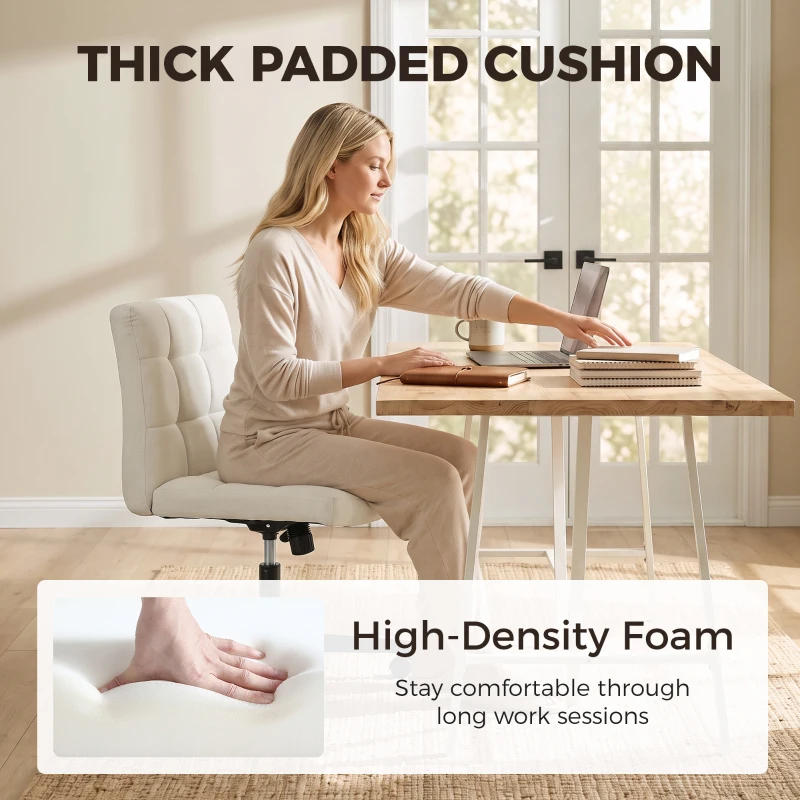 HOMCOM Armless Office Chair, Cross Legged Linen Computer Desk Vanity Chair with Wide Seat, Rocking Function, Beige
