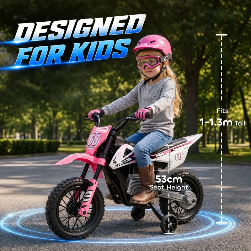 AIYAPLAY Kids Electric Motorcycle, 12V Ride On Motorbike with Training Wheels, Soft Start, Suspension, Music for 3–6 Years, Pink