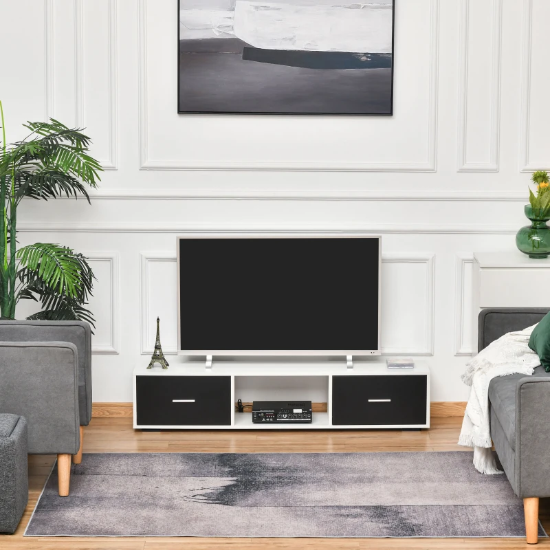 HOMCOM Mueble de TV para Televisores de hasta 60" Mesa para TV de Salón Estilo Moderno con 2 Cajones y Compartimento Abierto 140x30x32 cm Blanco y Negro