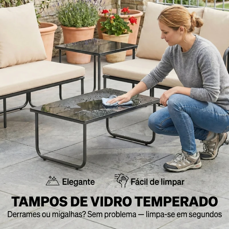 Outsunny Conjunto de Jardim de 4 Peças Móveis de Exterior com 2 Sofás de 2 Lugares 2 Mesas de Vidro Almofadas Capas Removíveis Preto e Bege