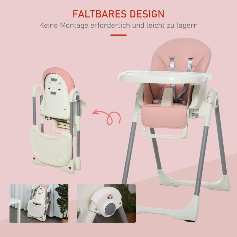 HOMCOM Hochstuhl Baby Babystuhl mit Fußstütze Kinderhochstuhl Tisch mit abnehmbarem Tablett höhenverstellbar und klappbar für 6-36 Monate PP Stahl Rosa 55 x 80 x 104 cm