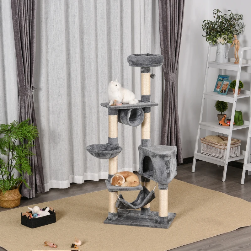 PawHut  Arbre à chats multi-équipements griffoirs grattoirs plateformes tunnel niche hamacs jouet suspendu gris
