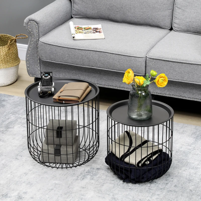 HOMCOM Set van 2 Skandi Design bijzettafels met opbergruimte, stapelbaar, zwart