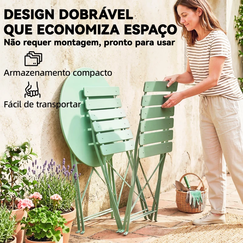 Outsunny Conjunto de Jardim Dobrável com 2 Cadeiras Dobráveis e Mesa Redonda Estrutura Metálica Eletroforética para Varanda Verde