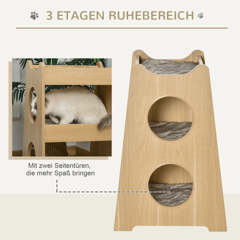 PawHut Katzenbett dreistöckiges Katzenhaus mit Löcher weichen Kissen Polyester MDF Natur+Weiß+Grau 50 x 43 x 74 cm