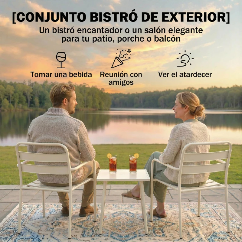 Outsunny Conjunto de Jardín Exterior de 3 Piezas de Acero Galvanizado con 2 Sillas y Mesa de Vidrio Templado Blanco