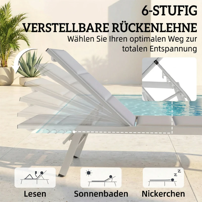 Outsunny Sonnenliege Atmungsaktive Gartenliege mit 6-fach Verstellbar Rückenlehne Aluminiumrahmen Hellgrau