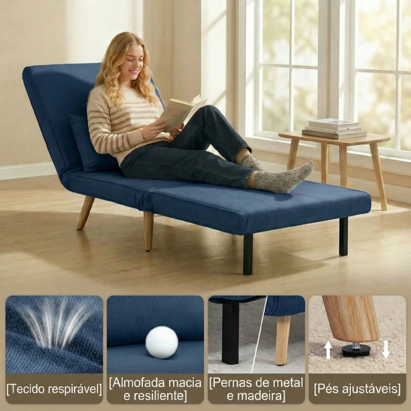 HOMCOM Sofá Cama Individual Estofado em Linho com Encosto Ajustável em 5 Posições e Almofada Sofá Cama Pequeno 72x75x85 cm Azul Escuro