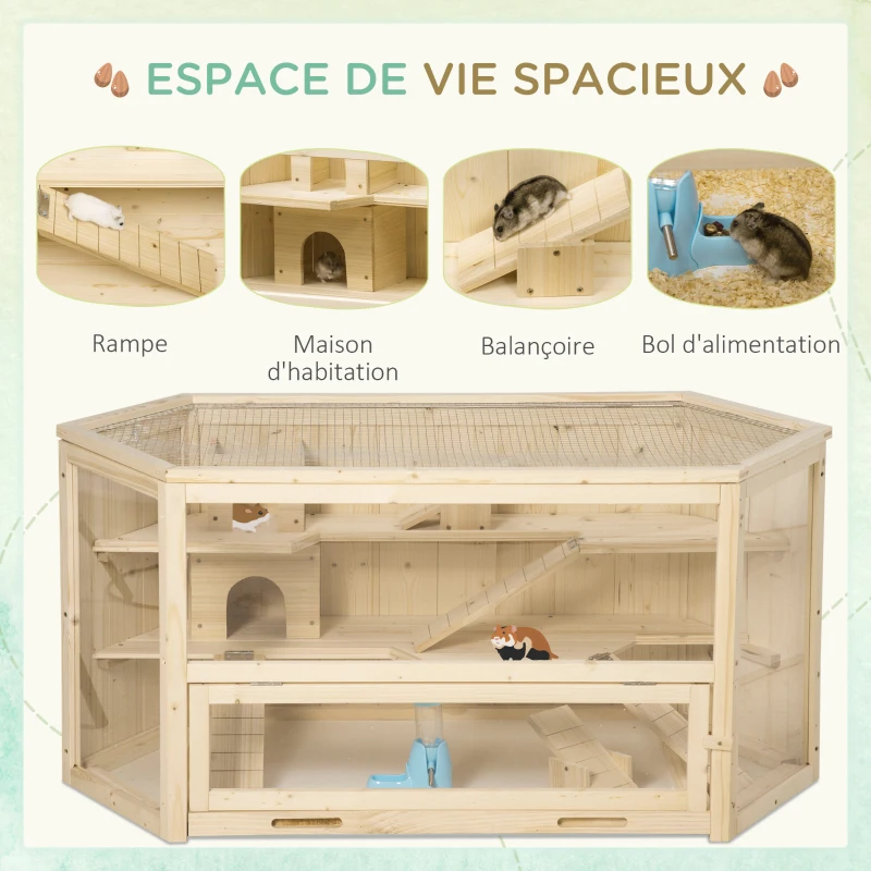 PawHut Cage à hamster à 3 niveaux bascules, fenêtres, cabanes, plateau coulissant, 115 x 60 x 55 cm, effet bois naturel