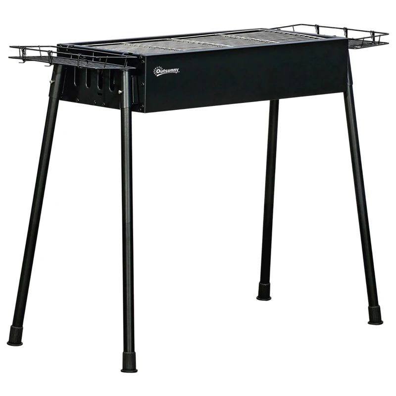 Outsunny Barbecue a Carvão com 2 Grelhas de Aço Inoxidável Portátil com 2 Prateleiras para Temperos com Ganchos 77x30x70 cm Preto