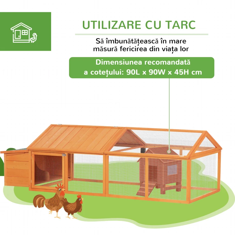 PawHut Cușcă de găini pentru grădină, potrivită pentru 4-8 găini, din lemn cu plasă metalică și acoperiș rabatabil, 240x112,5x76 cm, portocalie(m-6)
