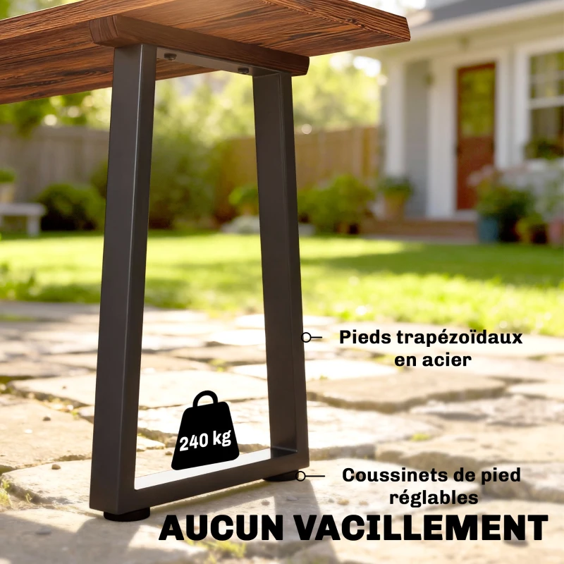 Outsunny Banc de Jardin en Bois Sans Dossier en Bois, Pieds trapézoïdaux en acier, 2 Places à Effet Bois, 150x28x48cm, Carbonisé