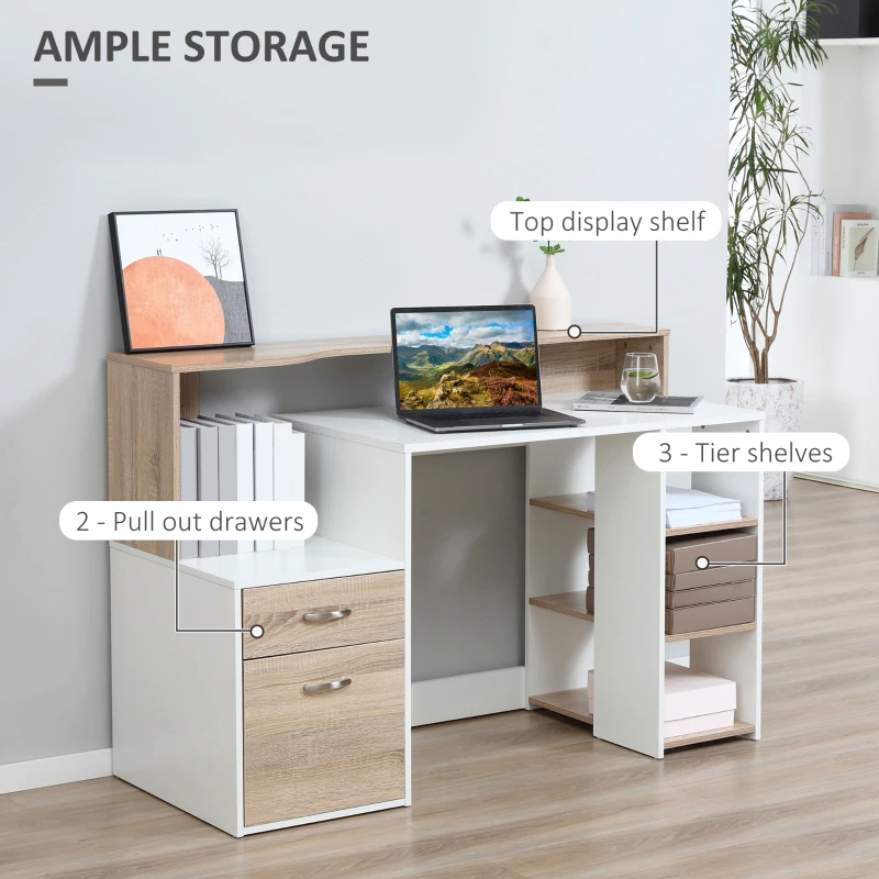 HOMCOM Computer Desk with Drawers and Storage Shelves, Office Desk Writing Table with Printer Stand, Large Workstation for Study Play Work Home Office, 137 x 55 x 92cm, Oak