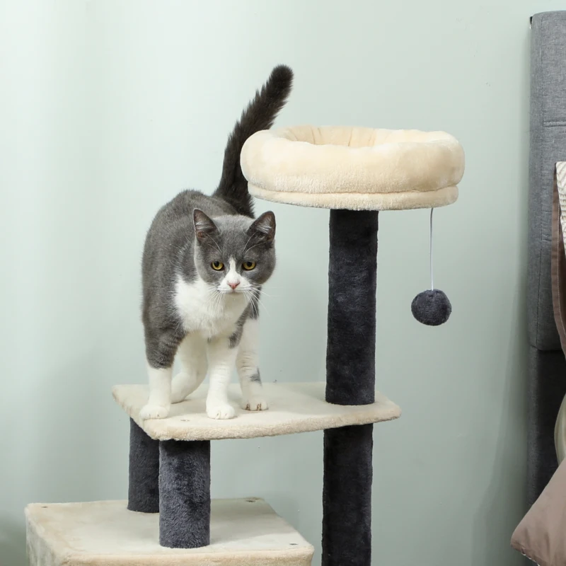 PawHut Albero Tiragraffi per Gatti Alto 92 cm con Casetta, Lettino, Pali in Sisal e Pallina, Bianco Crema