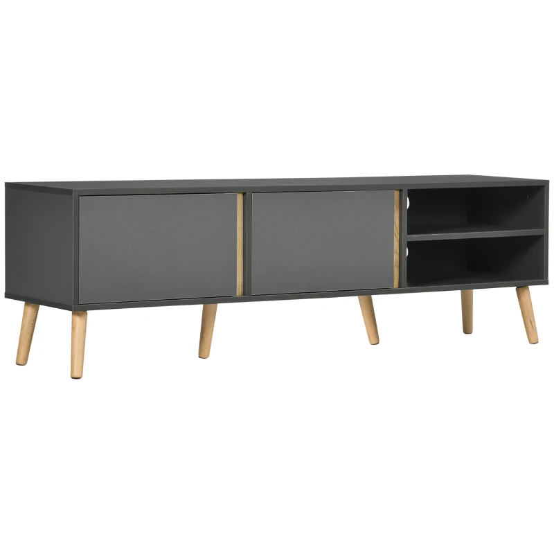 HOMCOM Meuble TV pour télévision jusqu'à 55 pouces scandinave 2 portes 2 niches avec passe-câbles 150 x 35 x 45 cm gris foncé