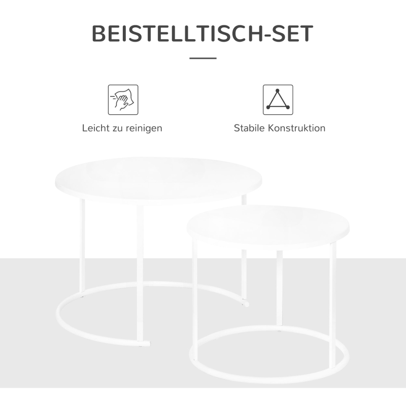 Outsunny Beistelltisch, 2er Set, Garten Couchtisch, Gartentisch, Kaffeetisch mit erhöhten Kanten, Wohnzimmer, Metall Weiß, Ø70 x 50 cm